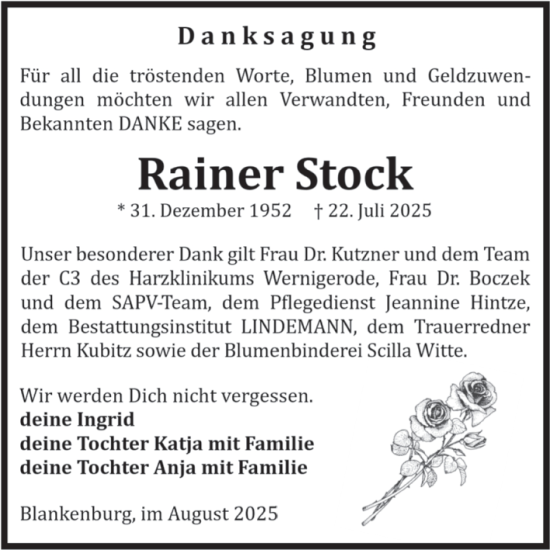 Traueranzeige von Rainer Stock von Volksstimme Wernigerode