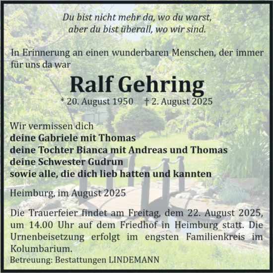Traueranzeige von Ralf Gehring von Volksstimme Wernigerode