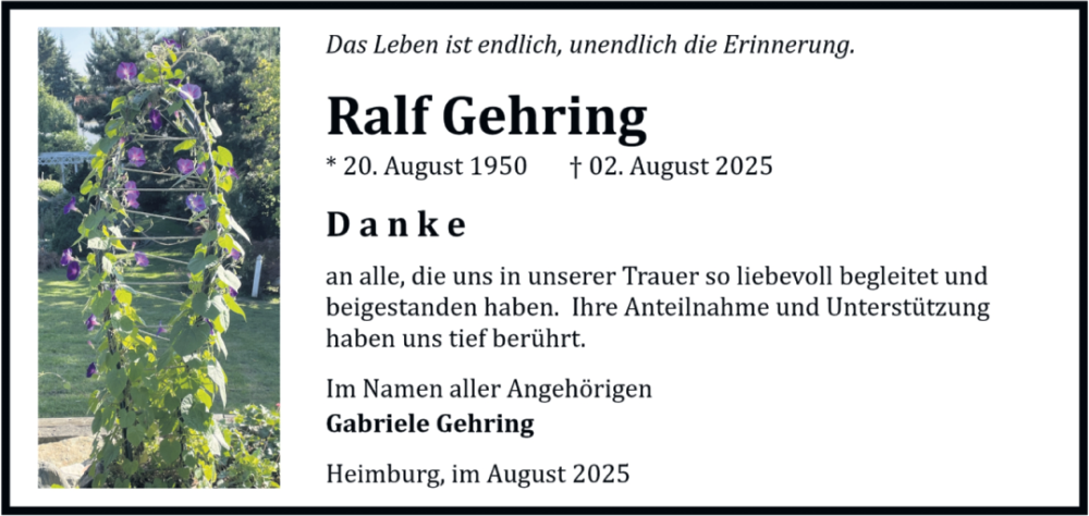  Traueranzeige für Ralf Gehring vom 30.08.2025 aus Volksstimme Wernigerode