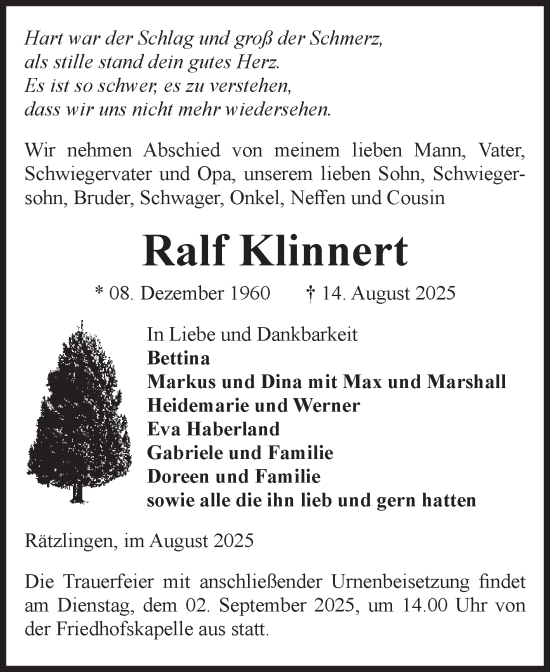 Traueranzeige von Ralf Klinnert von Volksstimme Haldensleben/Wolmirstedt