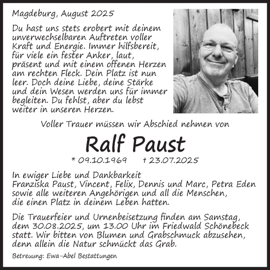 Traueranzeige von Ralf Paust von Volksstimme Magdeburg