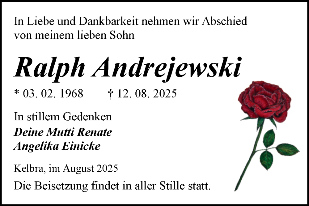  Traueranzeige für Ralph Andrejewski vom 23.08.2025 aus Trauerkombi Sangerhausen