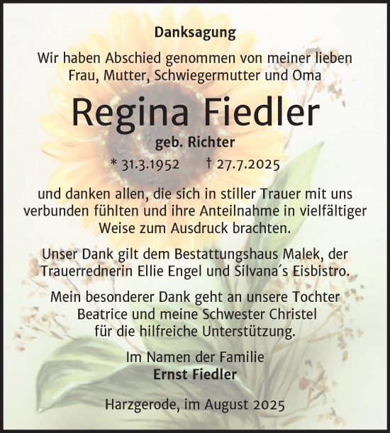 Traueranzeige von Regina Fiedler von Trauerkombi Quedlinburg