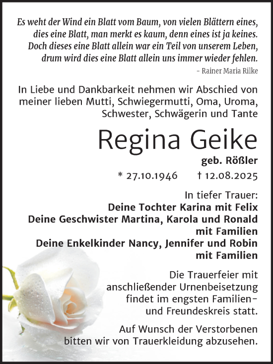 Traueranzeige von Regina Geike von Trauerkombi Köthen