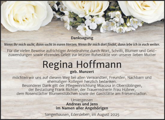 Traueranzeige von Regina Hoffmann von Trauerkombi Sangerhausen