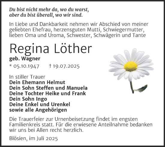 Traueranzeige von Regina Löther von Trauerkombi Merseburg