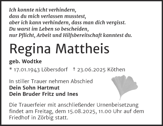 Traueranzeige von Regina Mattheis von Trauerkombi Bitterfeld