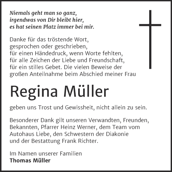 Traueranzeige von Regina Müller von Trauerkombi Sangerhausen