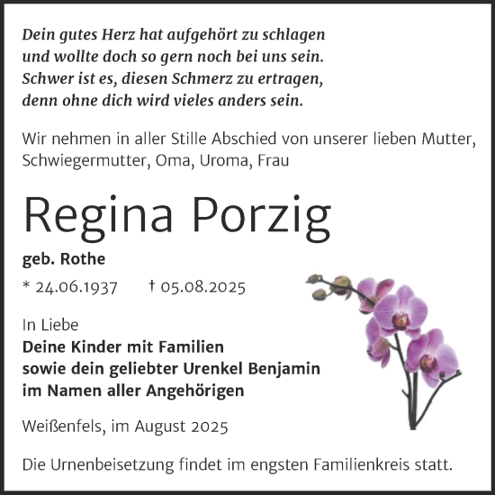 Traueranzeige von Regina Porzig von Trauerkombi Weißenfels