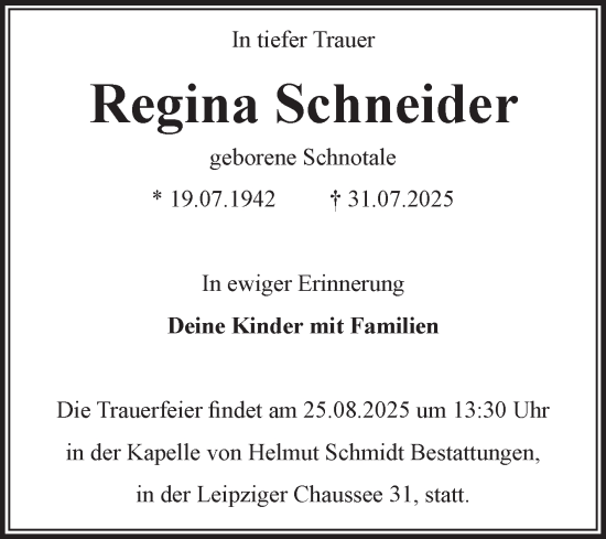 Traueranzeige von Regina Schneider von Volksstimme Magdeburg