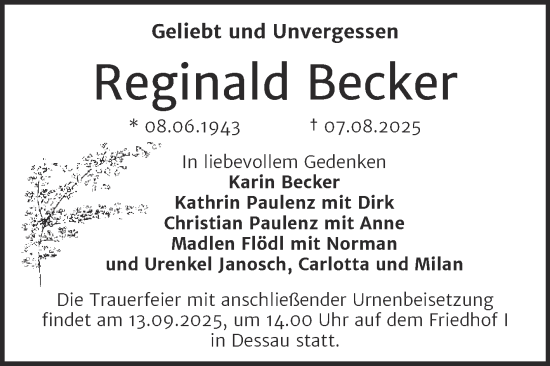 Traueranzeige von Reginald Becker von Trauerkombi Dessau