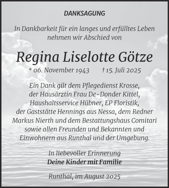 Traueranzeige von Regina Liselotte Götze von Trauerkombi Weißenfels