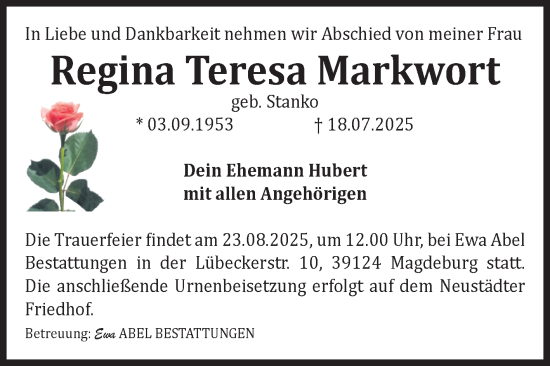 Traueranzeige von Regina Teresa Markwort von Volksstimme Magdeburg