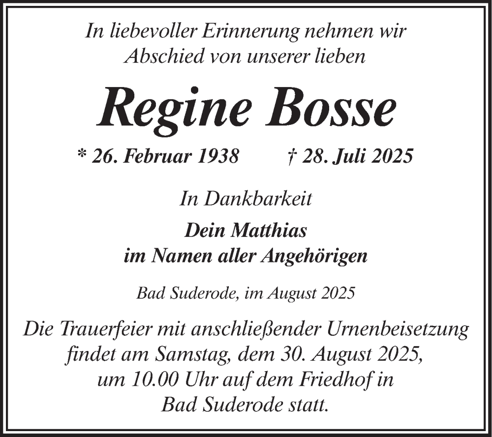  Traueranzeige für Regine Bosse vom 16.08.2025 aus Trauerkombi Quedlinburg