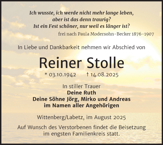 Traueranzeige von Reiner Stolle von Trauerkombi Wittenberg