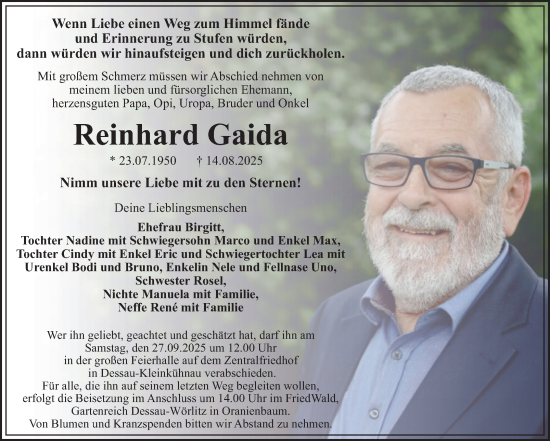 Traueranzeige von Reinhard Gaida von Trauerkombi Dessau