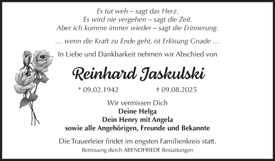 Traueranzeige von Reinhard Jaskulski von Volksstimme Haldensleben/Wolmirstedt