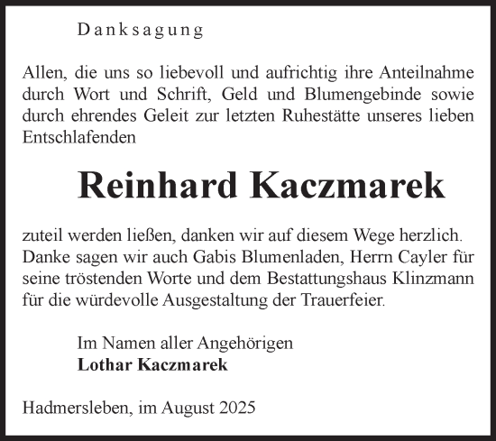 Traueranzeige von Reinhard Kaczmarek von Volksstimme Oschersleben/Wanzleben
