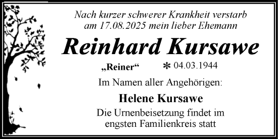 Traueranzeige von Reinhard Kursawe von Trauerkombi Wittenberg