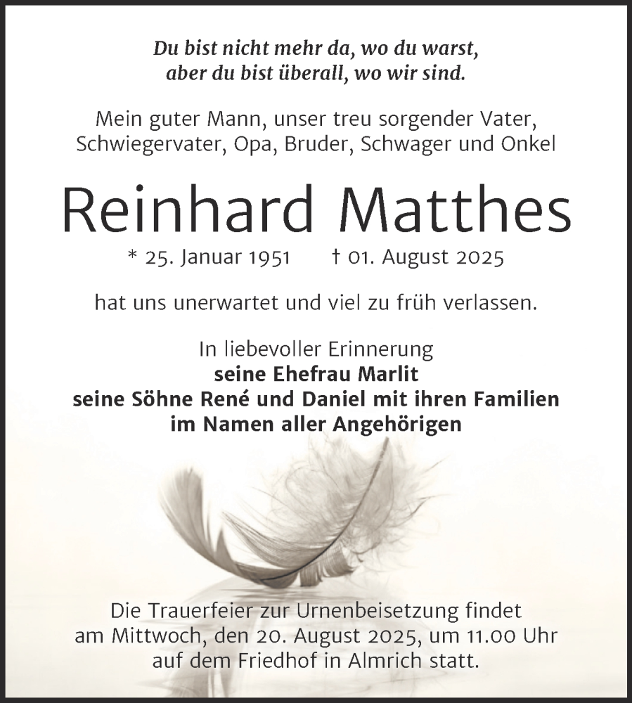  Traueranzeige für Reinhard Matthes vom 09.08.2025 aus Naumburger Tageblatt