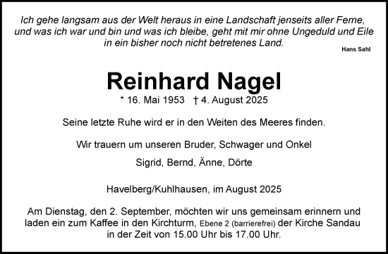 Traueranzeige von Reinhard Nagel von Volksstimme Altmark Ost