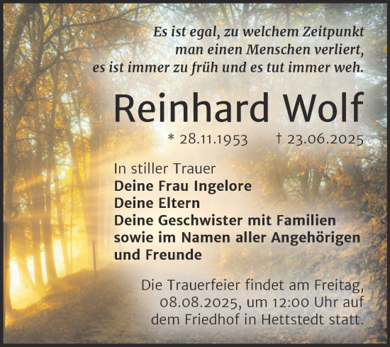 Traueranzeige von Reinhard Wolf von Trauerkombi Mansfelder Land