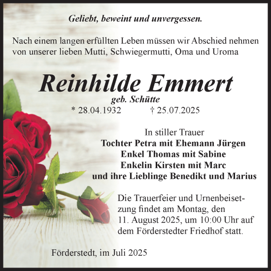 Traueranzeige von Reinhilde Emmert von Volksstimme Staßfurt