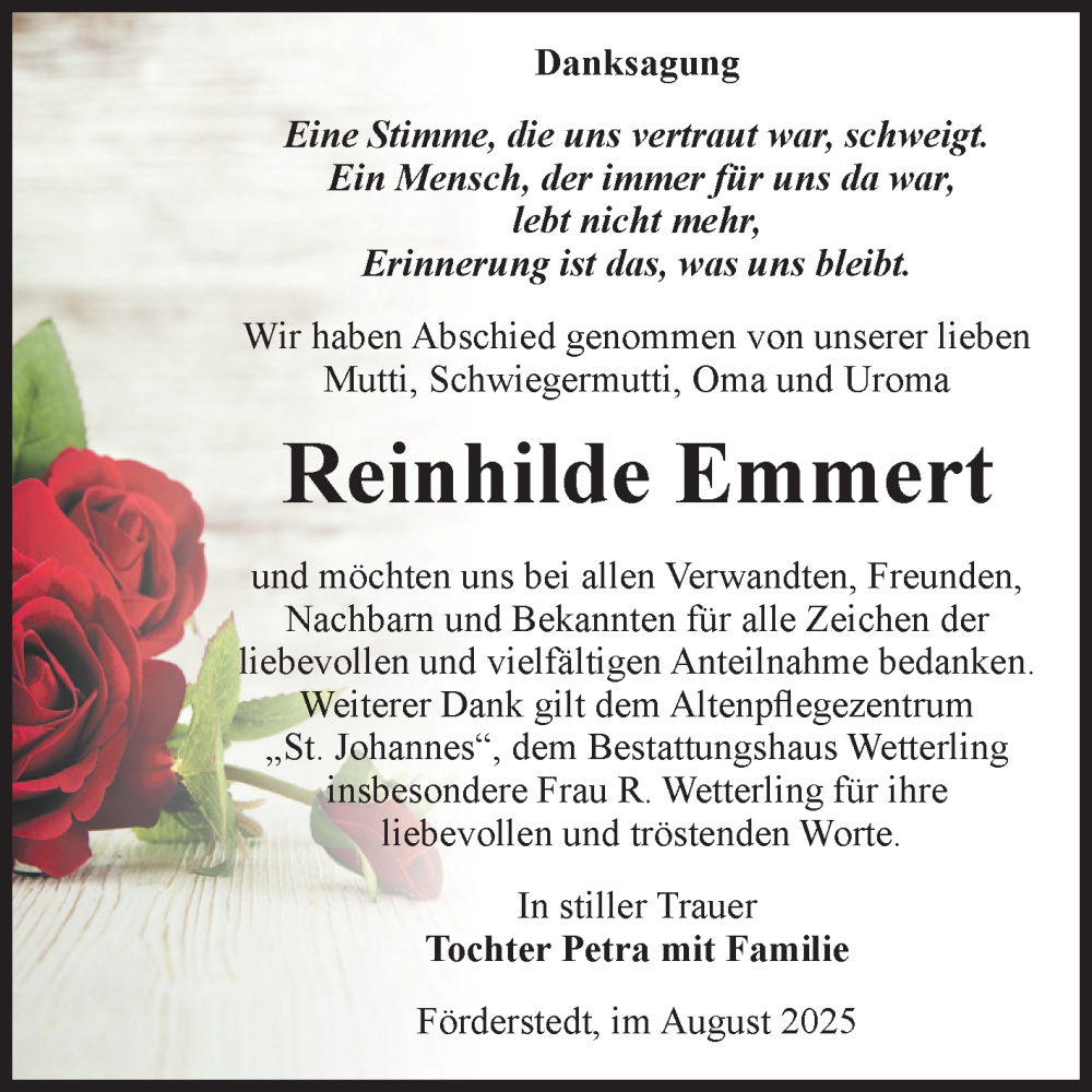  Traueranzeige für Reinhilde Emmert vom 16.08.2025 aus Volksstimme Staßfurt