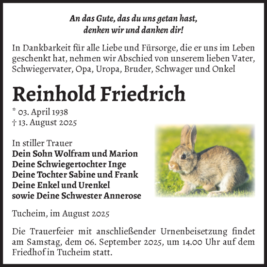 Traueranzeige von Reinhold Friedrich von Volksstimme Burg/Genthin