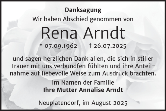 Traueranzeige von Rena Arndt von Trauerkombi Quedlinburg