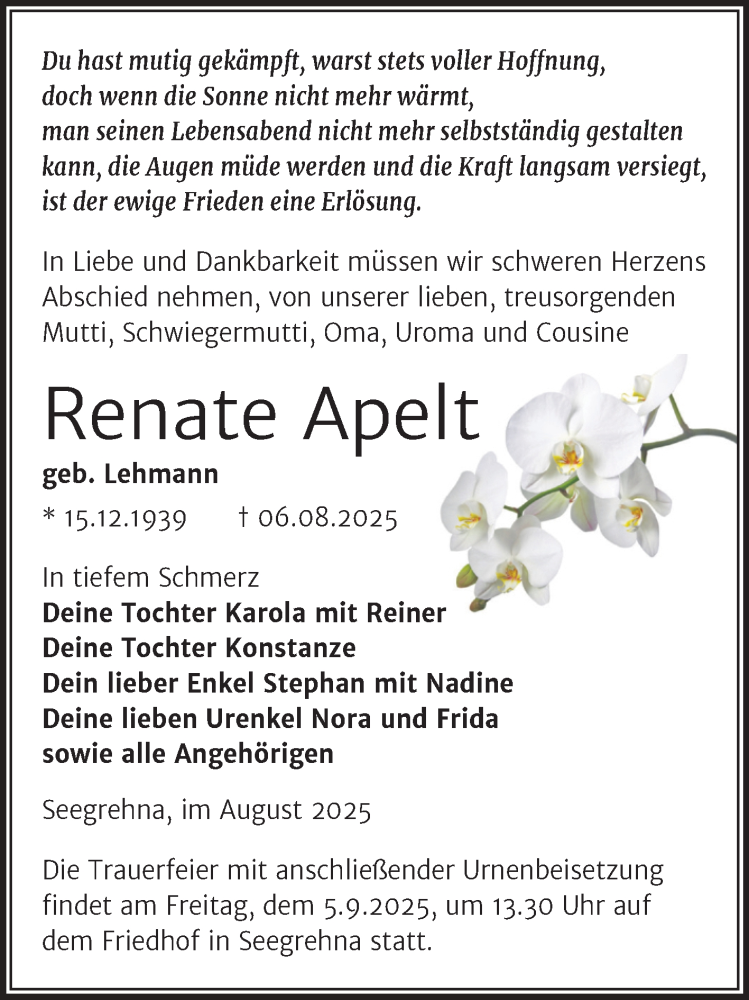  Traueranzeige für Renate Apelt vom 16.08.2025 aus Trauerkombi Wittenberg
