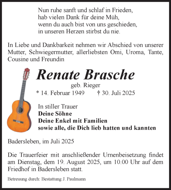 Traueranzeige von Renate Brasche von Volksstimme Wernigerode