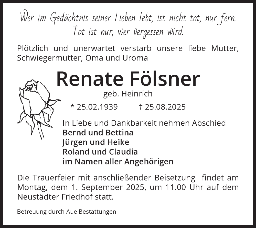  Traueranzeige für Renate Fölsner vom 30.08.2025 aus Volksstimme Magdeburg