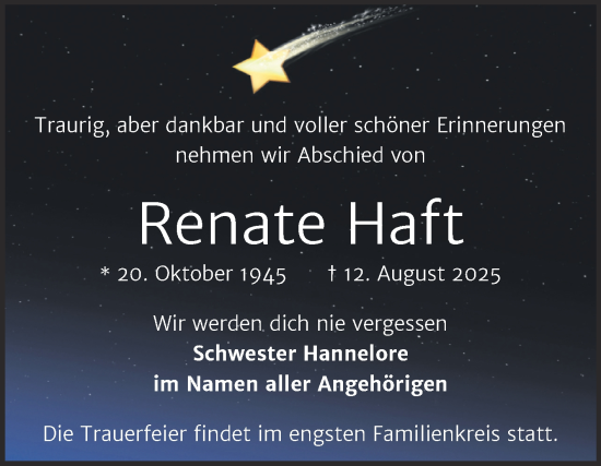 Traueranzeige von Renate Haft von Trauerkombi Bernburg