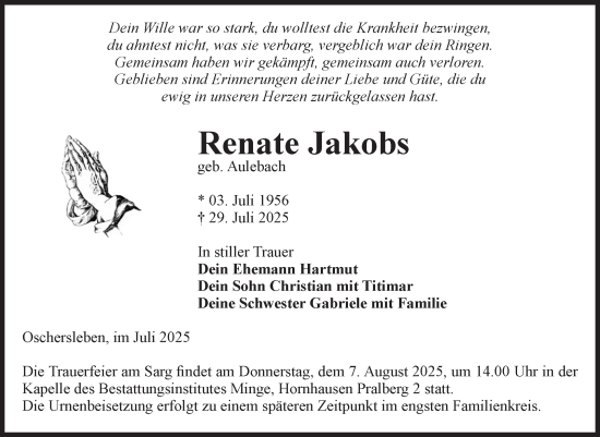 Traueranzeige von Renate Jakobs von Volksstimme Oschersleben/Wanzleben
