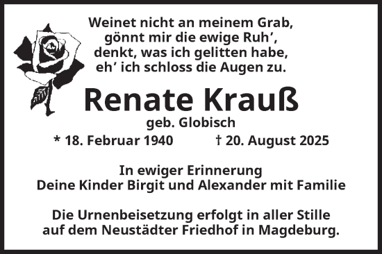 Traueranzeige von Renate Krauß von Volksstimme Magdeburg