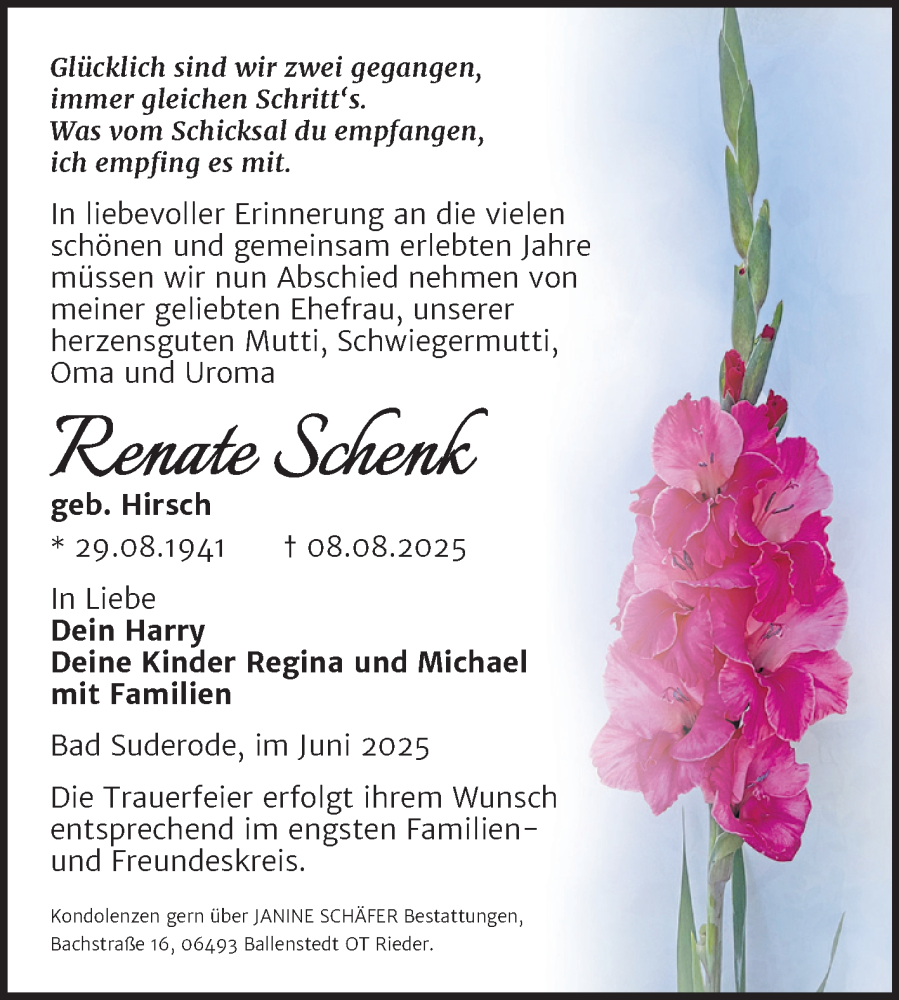  Traueranzeige für Renate Schenk vom 23.08.2025 aus Trauerkombi Quedlinburg