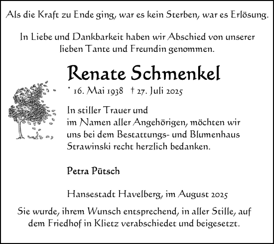 Traueranzeige von Renate Schmenkel von Volksstimme Altmark Ost