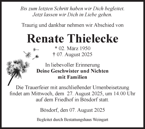 Traueranzeige von Renate Thielecke von Volksstimme Haldensleben/Wolmirstedt