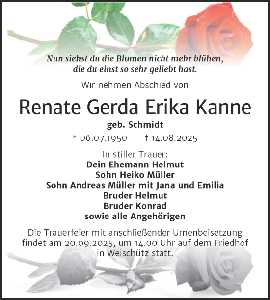 Traueranzeige von Renate Gerda Erika Kanne von Super Sonntag Naumburg/Nebra