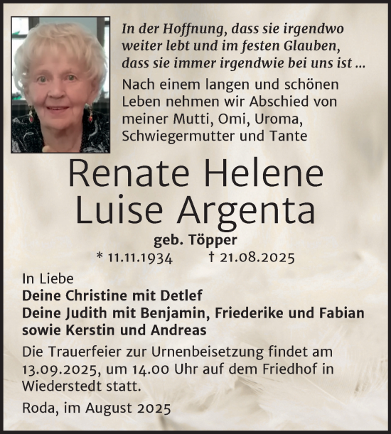 Traueranzeige von Renate Helene Luise Argenta von Trauerkombi Aschersleben