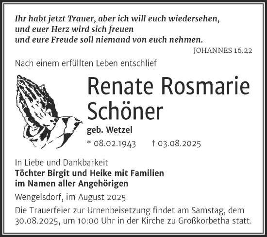Traueranzeige von Renate Rosmarie Schöner von Trauerkombi Weißenfels