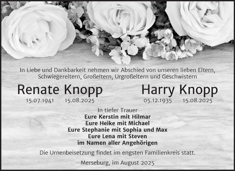  Traueranzeige für Renate und Harry Knopp vom 23.08.2025 aus Trauerkombi Merseburg