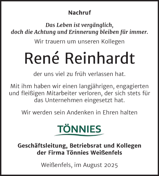 Traueranzeige von René Reinhardt von Super Sonntag Weißenfels