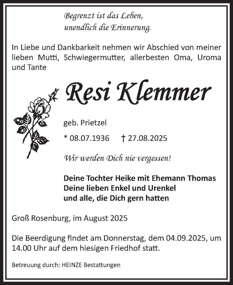  Traueranzeige für Resi Klemmer vom 30.08.2025 aus Volksstimme Schönebeck