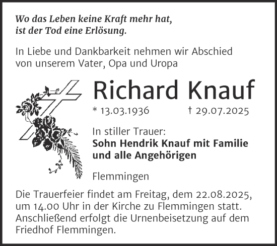 Traueranzeige von Richard Knauf von Super Sonntag Naumburg/Nebra