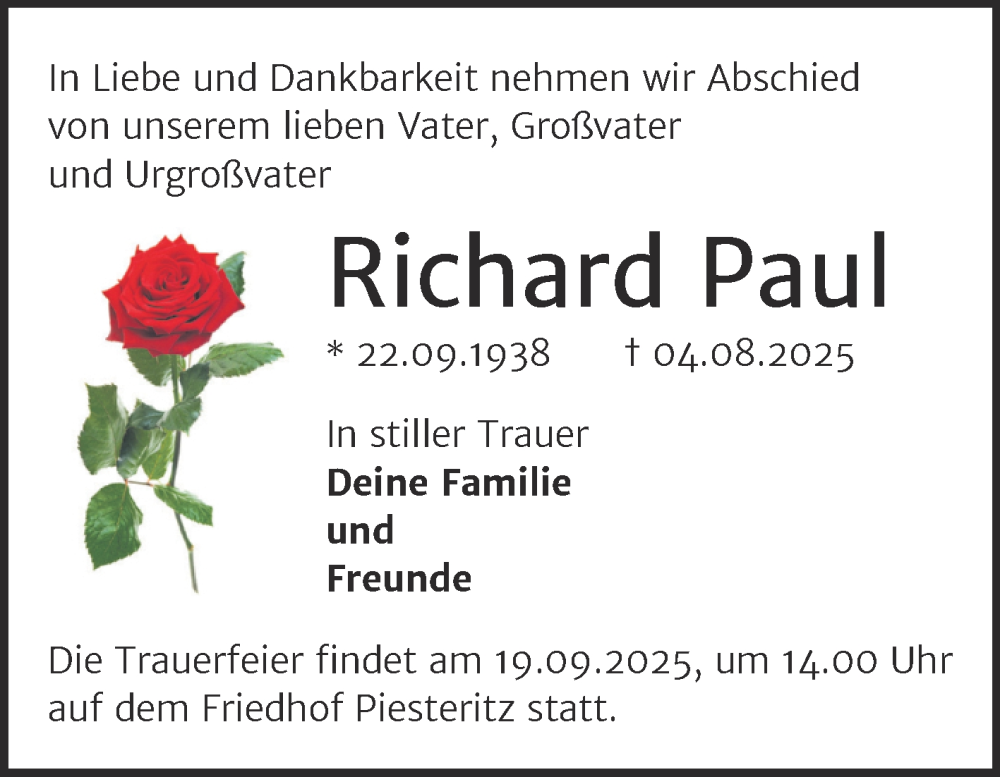  Traueranzeige für Richard Paul vom 23.08.2025 aus Trauerkombi Wittenberg