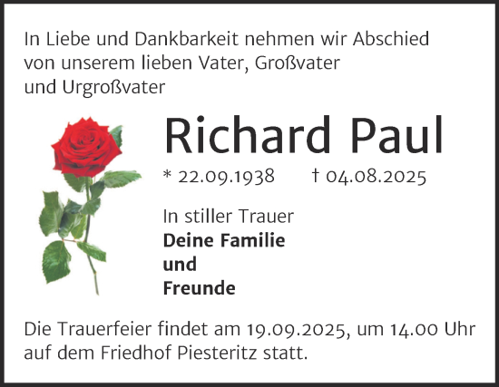 Traueranzeige von Richard Paul von Trauerkombi Wittenberg