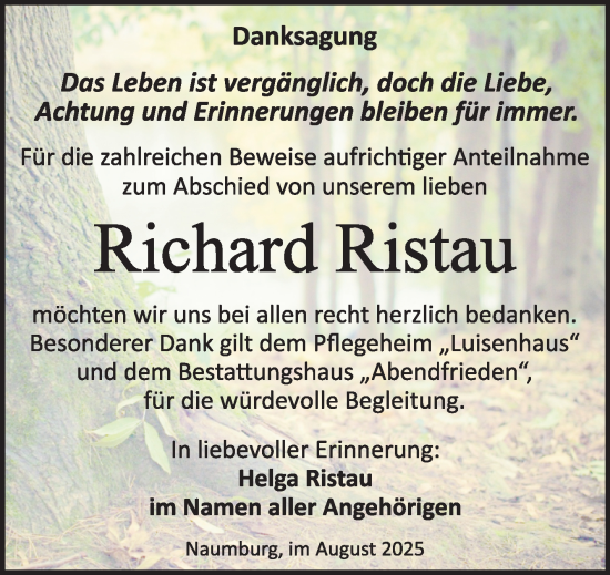 Traueranzeige von Richard Ristau von Super Sonntag Naumburg/Nebra