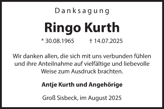 Traueranzeige von Ringo Kurth von Volksstimme Altmark Ost